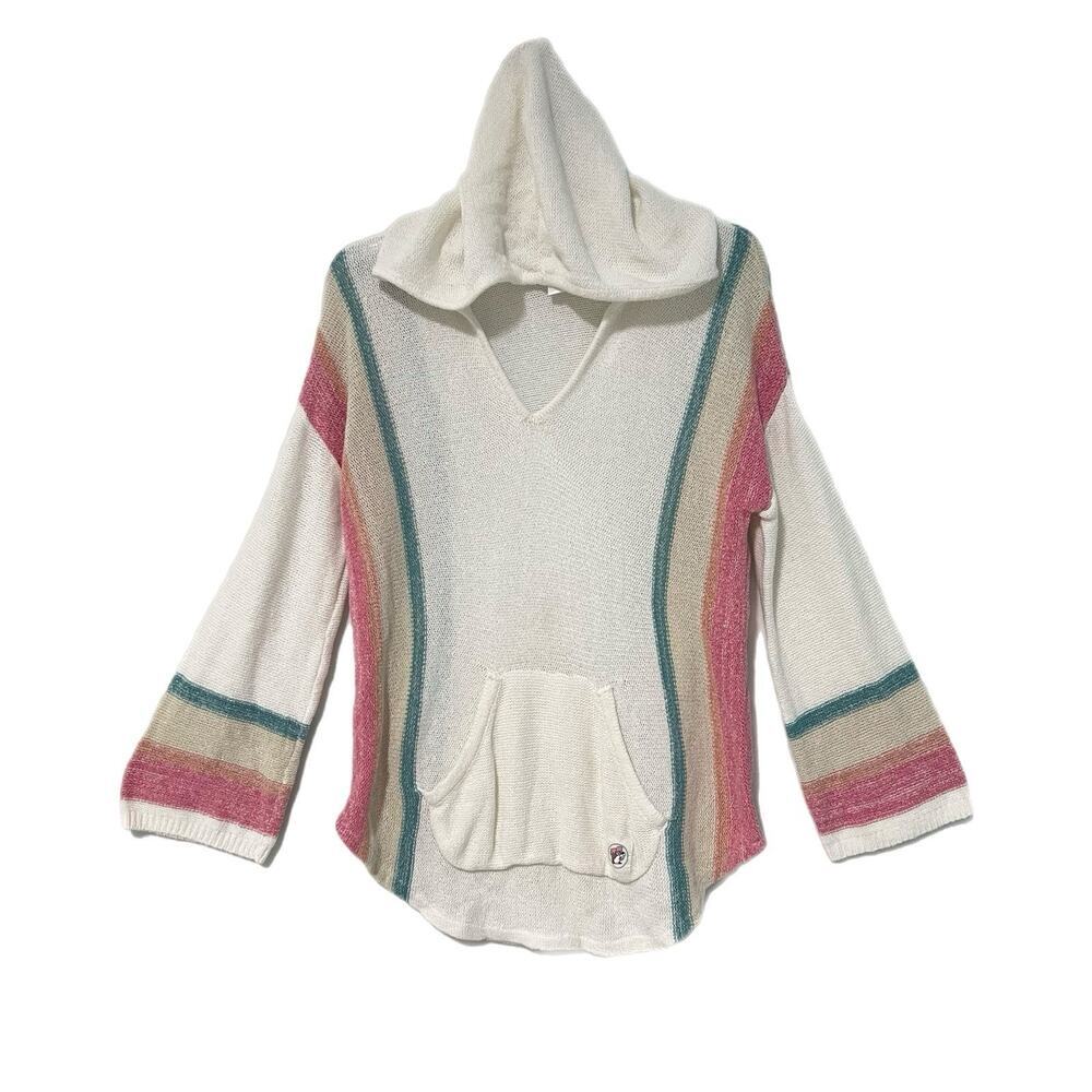 Buc-ees Pullover Baja Hoodie Womens Medium Knit Cream Pink Green Casual Beach